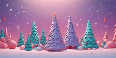 The primary subject of the image is a group of three Christmas trees, each adorned with ornaments. The setting is a snowy landscape, with the trees standing in the snow. The visual style is a digital art or illustration, creating a festive and holiday atmosphere. The colors are predominantly white and pink, with the snow adding a cooler tone to the scene.